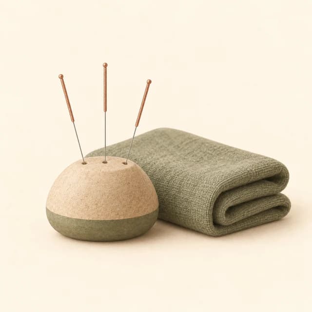 Illustration of fine acupuncture needles in a padded holder beside a folded towel