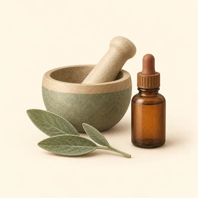 Illustration of a mortar, pestle, botanical leaves and an amber tincture bottle