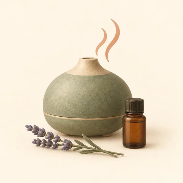 Illustration of a ceramic diffuser, essential oil bottle and lavender