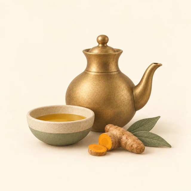 Illustration of an Ayurvedic brass oil vessel, bowl, turmeric and leaves