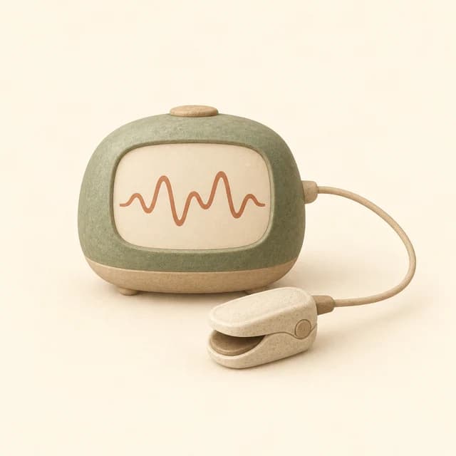 Illustration of a biofeedback display with a waveform and fingertip sensor