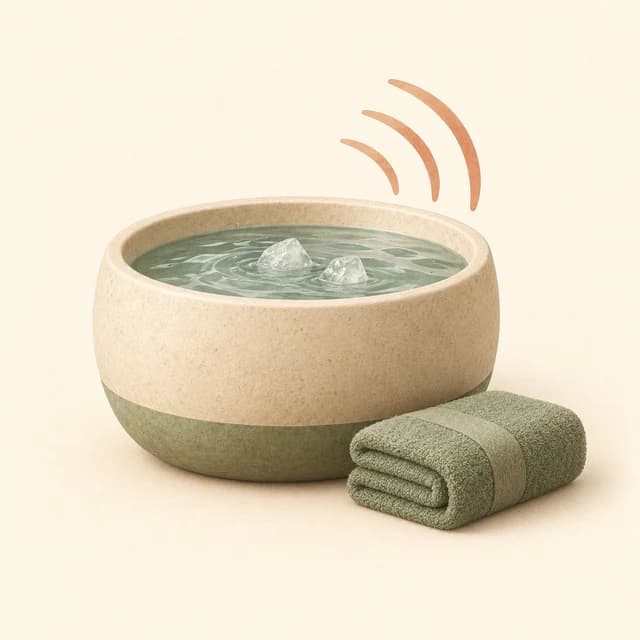 Illustration of a cold-water plunge tub, ice, folded towel and flowing breath curves