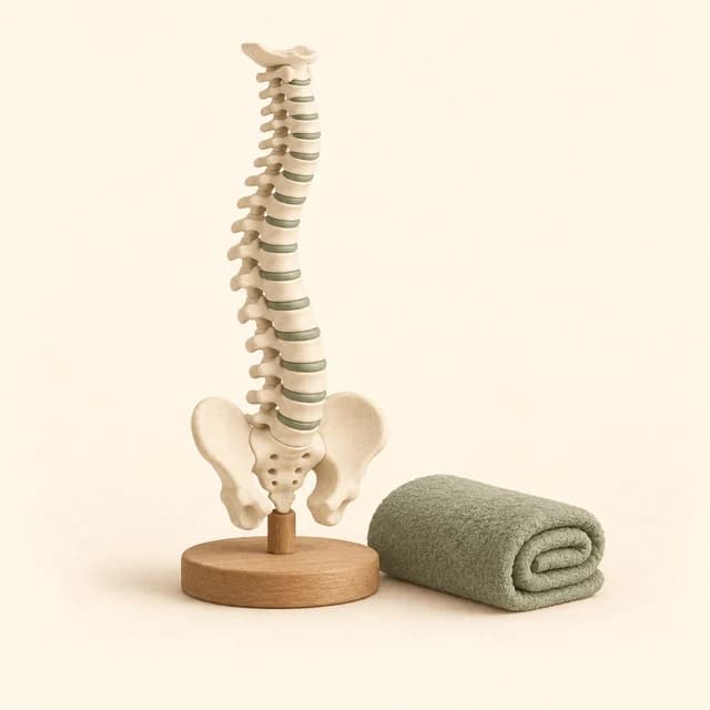 Illustration of an anatomical spine and pelvis model beside a folded towel
