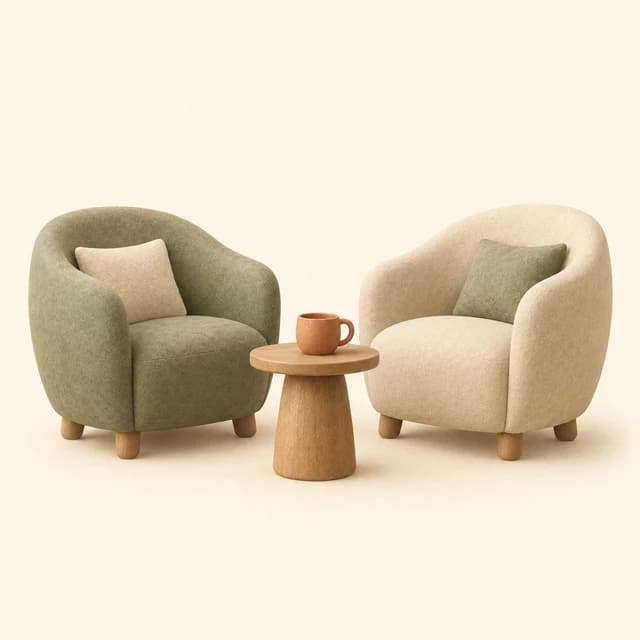 Illustration of two comfortable counselling chairs beside a table and cup