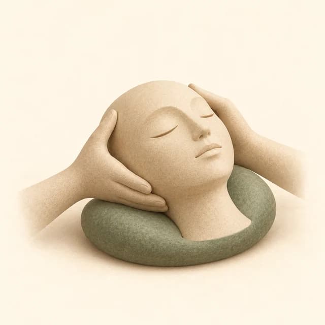 Illustration of a sculpted head gently supported by two hands