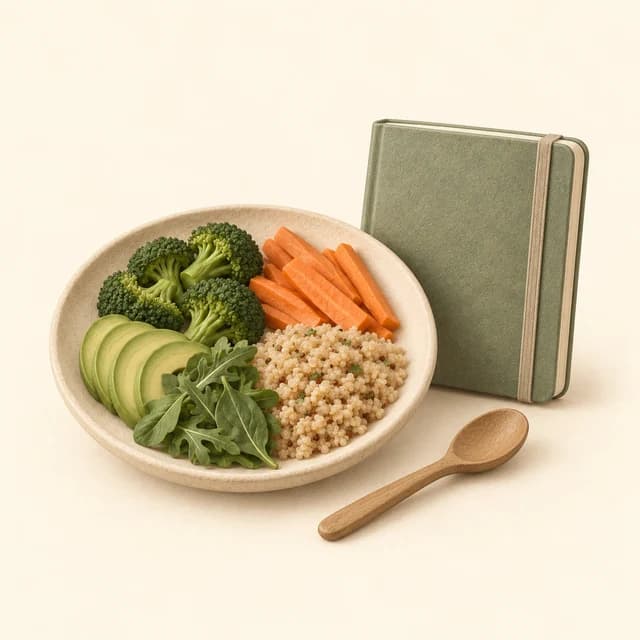 Illustration of a balanced meal, blank nutrition notebook and spoon