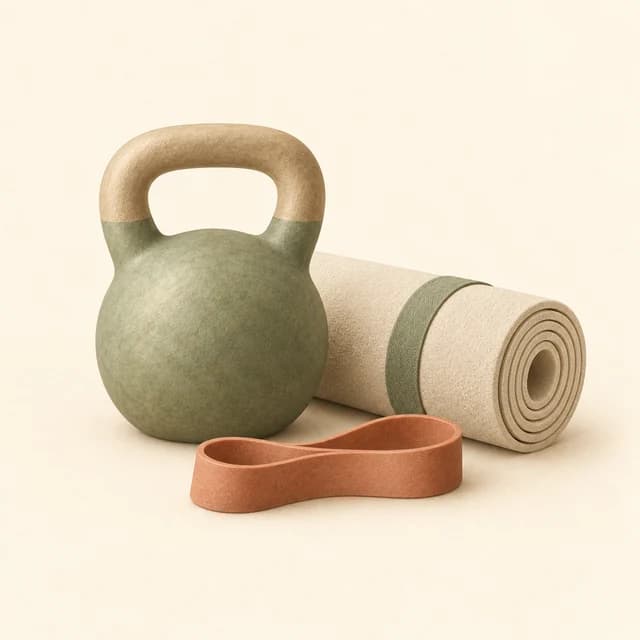 Illustration of a kettlebell, exercise mat and resistance band