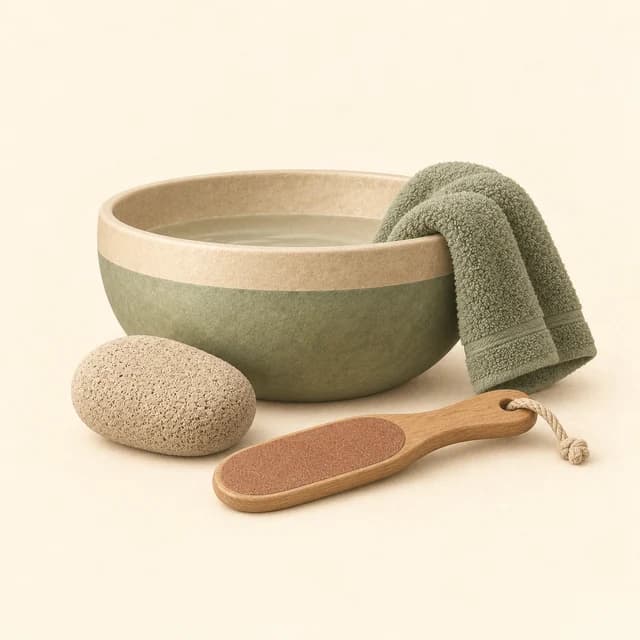 Illustration of a foot-care basin, folded towel, pumice stone and care file