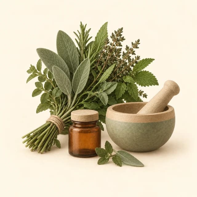 Illustration of medicinal herbs, a mortar and pestle, and an amber bottle