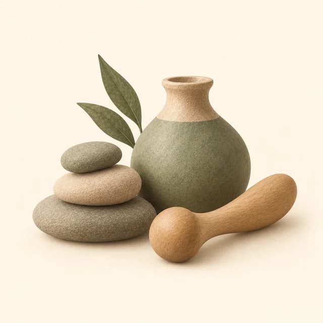 Illustration of therapy stones, an oil bottle and a wooden massage tool
