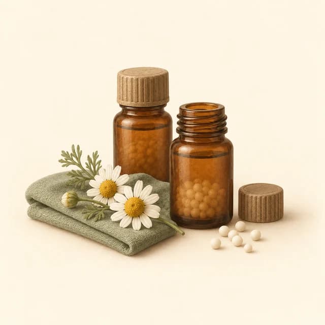 Illustration of remedy bottles, pellets, chamomile and folded linen