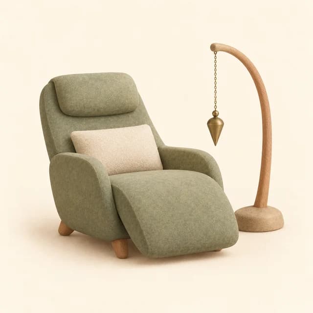 Illustration of a comfortable chair and hanging brass pendulum