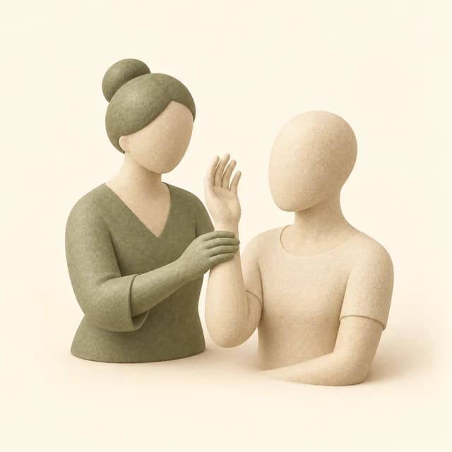 Illustration of two sculpted figures demonstrating an arm assessment