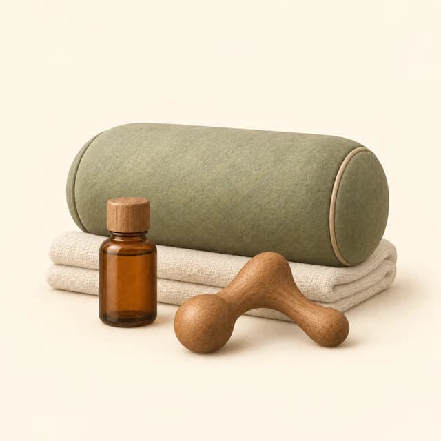 Illustration of a massage bolster, folded towels, oil and a wooden massage tool