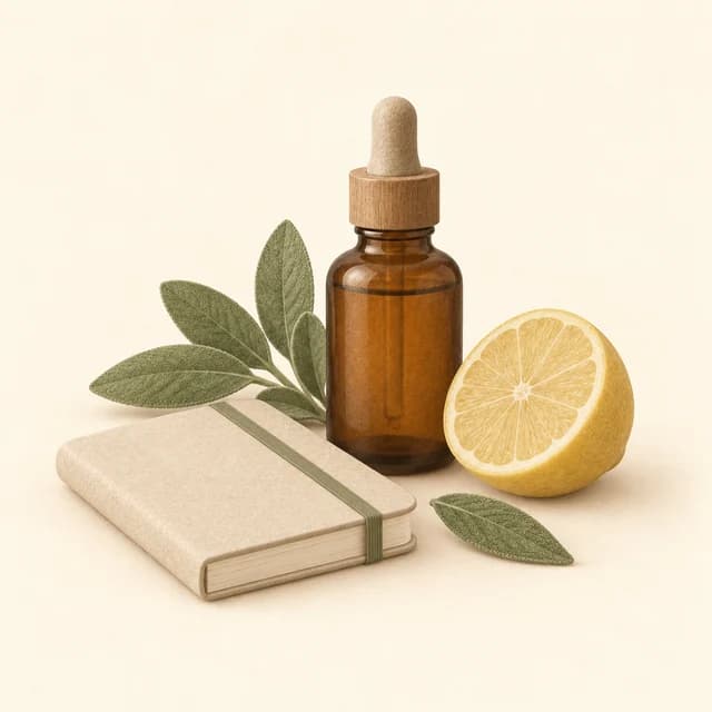 Illustration of a botanical tincture bottle, lemon and a blank notebook