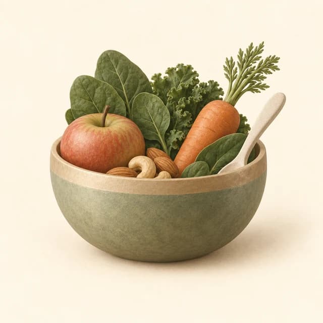 Illustration of a bowl of balanced whole foods with fresh produce