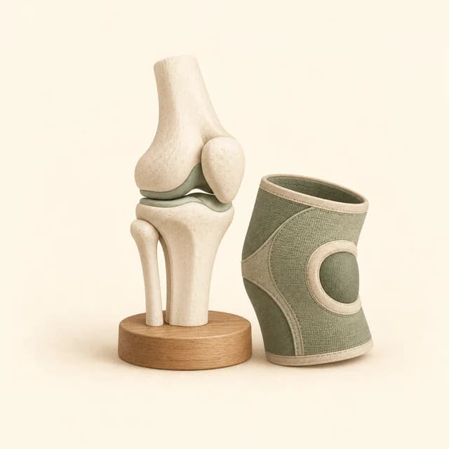 Illustration of an anatomical knee model and a supportive knee brace