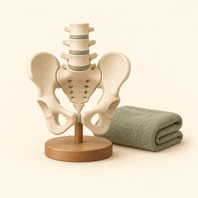 Illustration of a pelvis and lower-spine model beside a folded towel