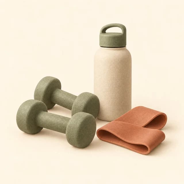 Illustration of dumbbells, a resistance band and a water bottle