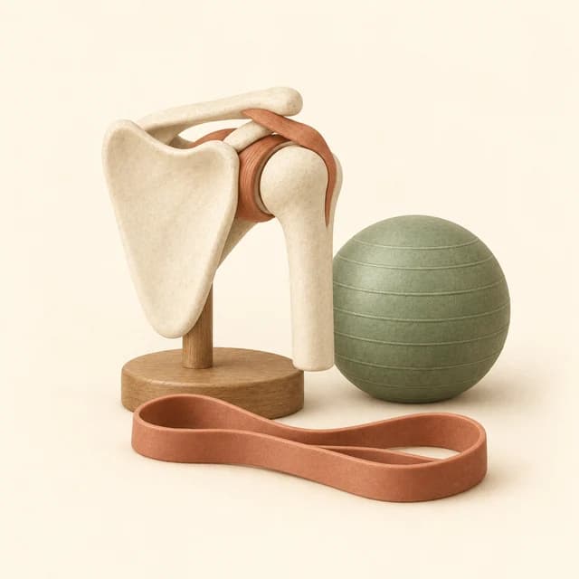 Illustration of a shoulder model, exercise ball and resistance band
