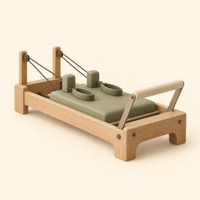 Illustration of a wooden Pilates reformer with sage upholstery
