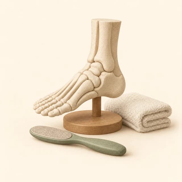 Illustration of an anatomical foot and ankle model with foot-care tools