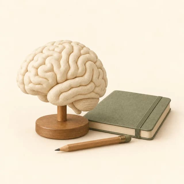 Illustration of an anatomical brain model, notebook and pencil