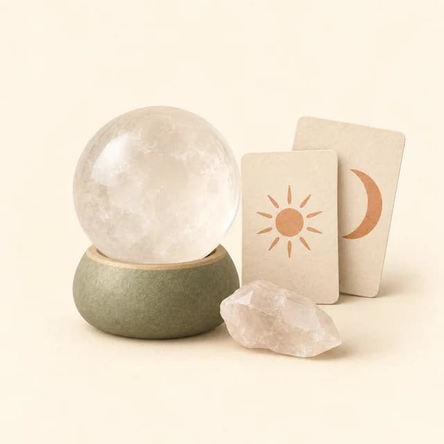 Illustration of a crystal sphere, sun and moon cards, and a small crystal