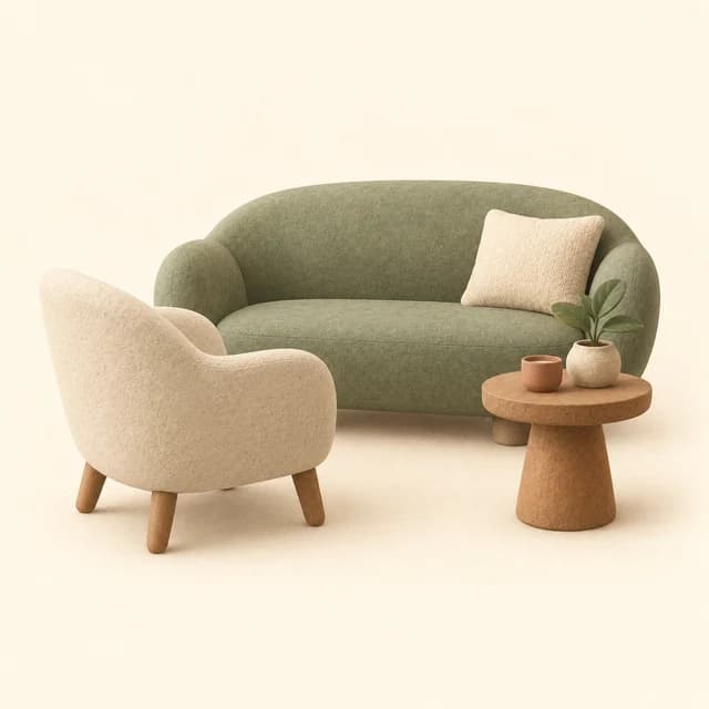 Illustration of a therapy sofa and armchair beside a small table