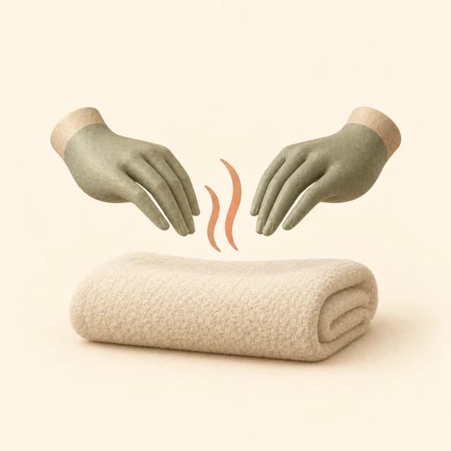 Illustration of two hands hovering above a folded towel with gentle flowing curves