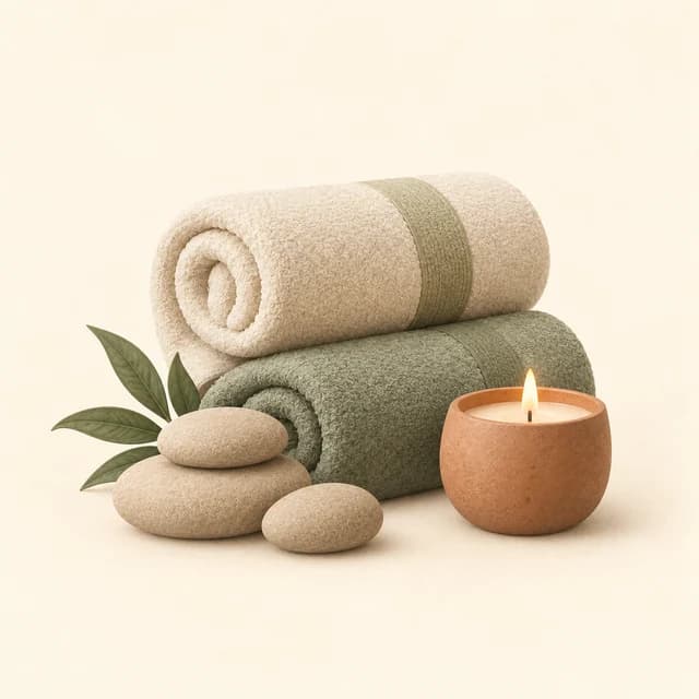 Illustration of rolled towels, smooth stones, leaves and a lit candle
