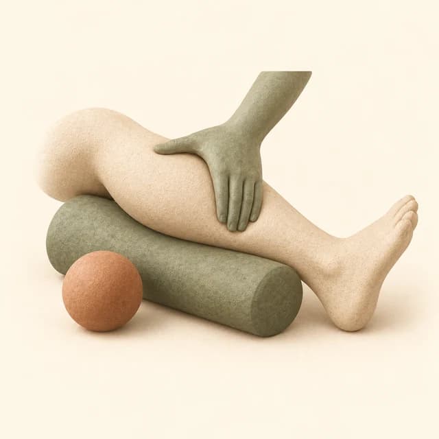 Illustration of a hand treating a sculpted calf beside a bolster and massage ball