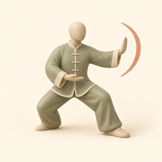Illustration of a faceless figure practising Tai Chi in a flowing sage outfit