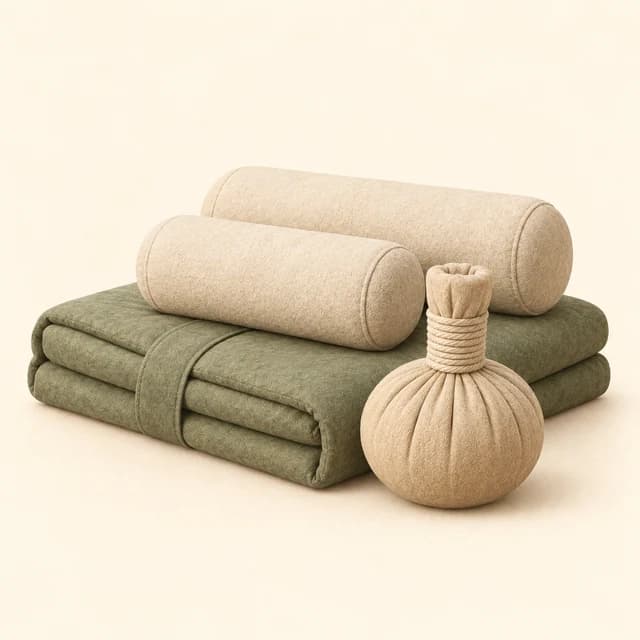 Illustration of a folded treatment mat, bolsters and a Thai herbal compress