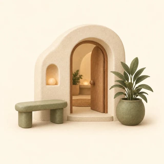 Illustration of an arched wellness centre entrance, bench and potted plant
