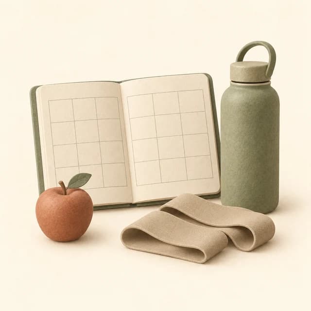 Illustration of a blank weekly planner, water bottle, apple and exercise band