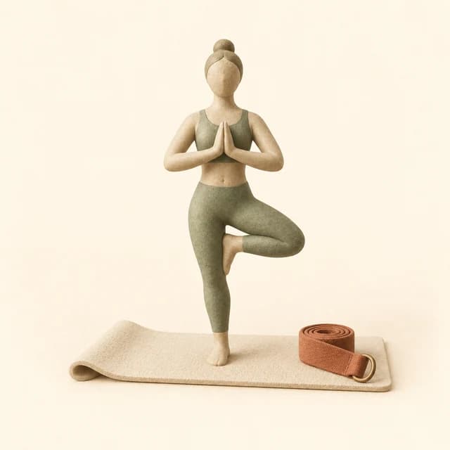 Illustration of a faceless figure holding tree pose on a mat beside a yoga strap